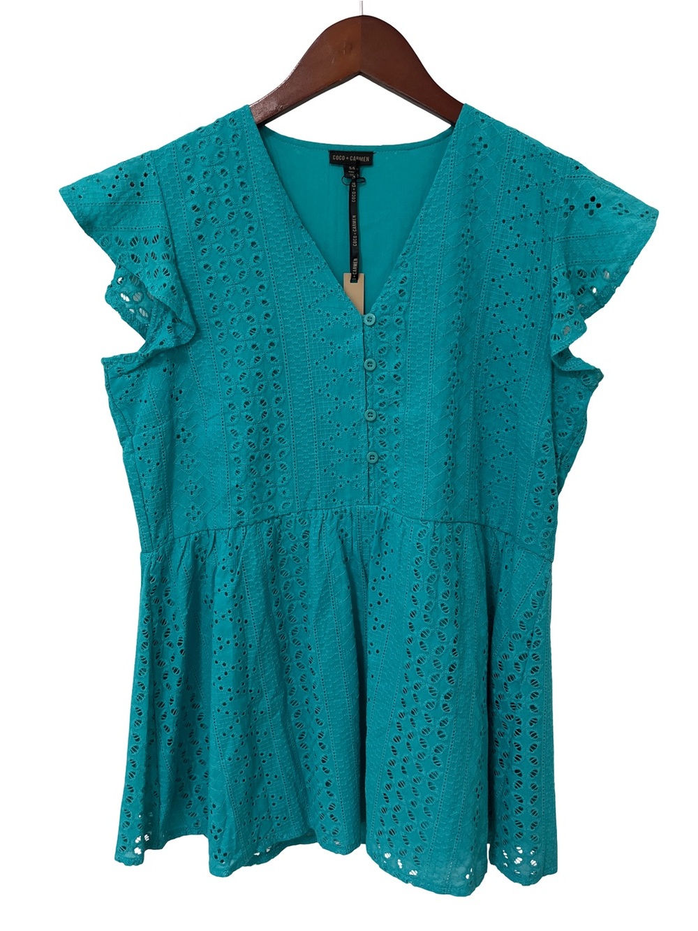 Coco + Carmen Women’s S/M Teal Eyelet Embroidered Button Front Top NWT